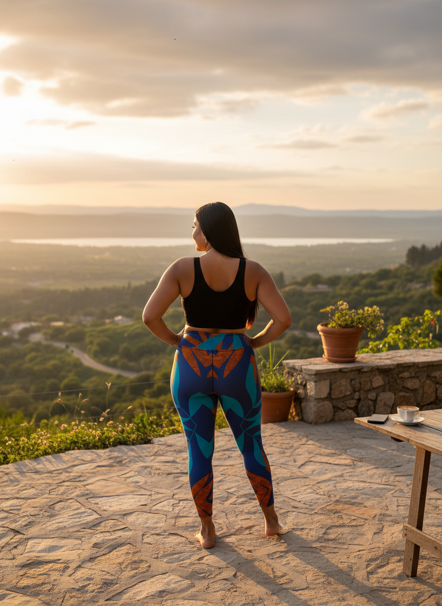 Person wearing colorful leggings and a black top standing on a stone patio with a scenic view.