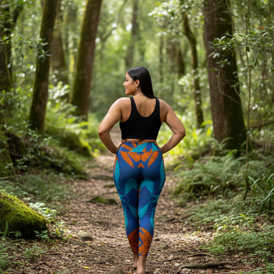 Woman walking away in a forest wearing colorful leggings and a black top.