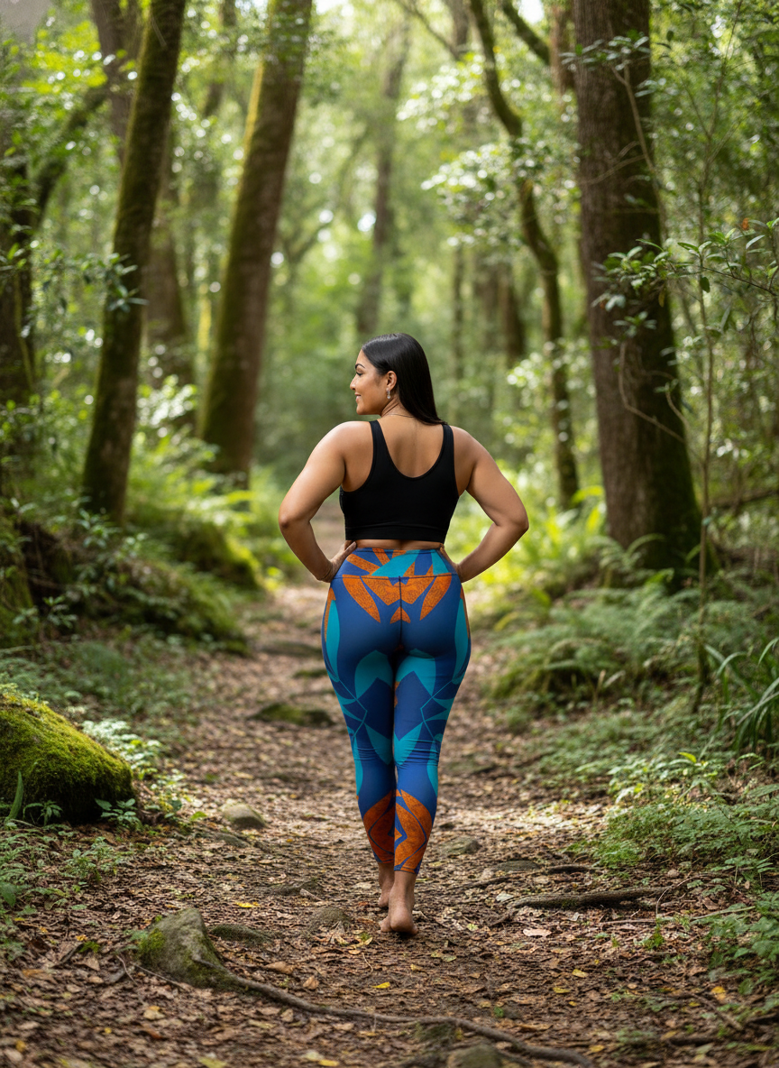 Woman walking away in a forest wearing colorful leggings and a black top.