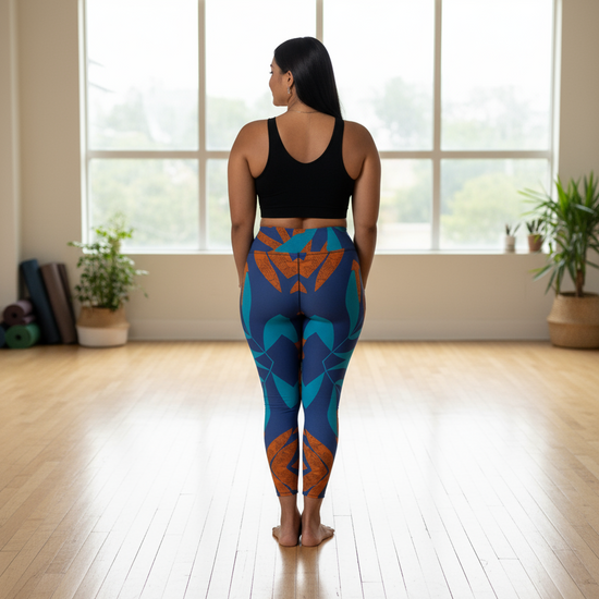 Person wearing colorful leggings and a black top in a bright room with large windows.