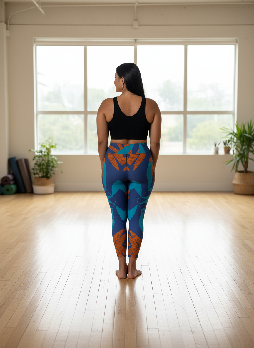 Person wearing colorful leggings and a black top in a bright room with large windows.