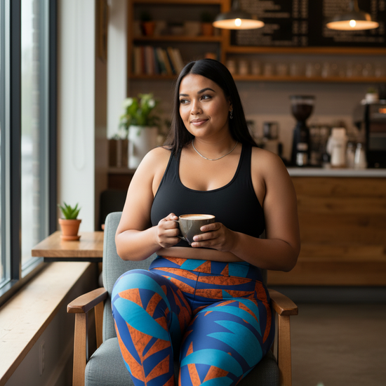 Woman sitting in a cafe holding a cup, wearing a black tank top and colorful leggings.