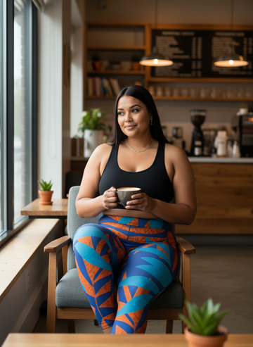 Woman sitting in a cafe holding a cup, wearing a black tank top and colorful leggings.