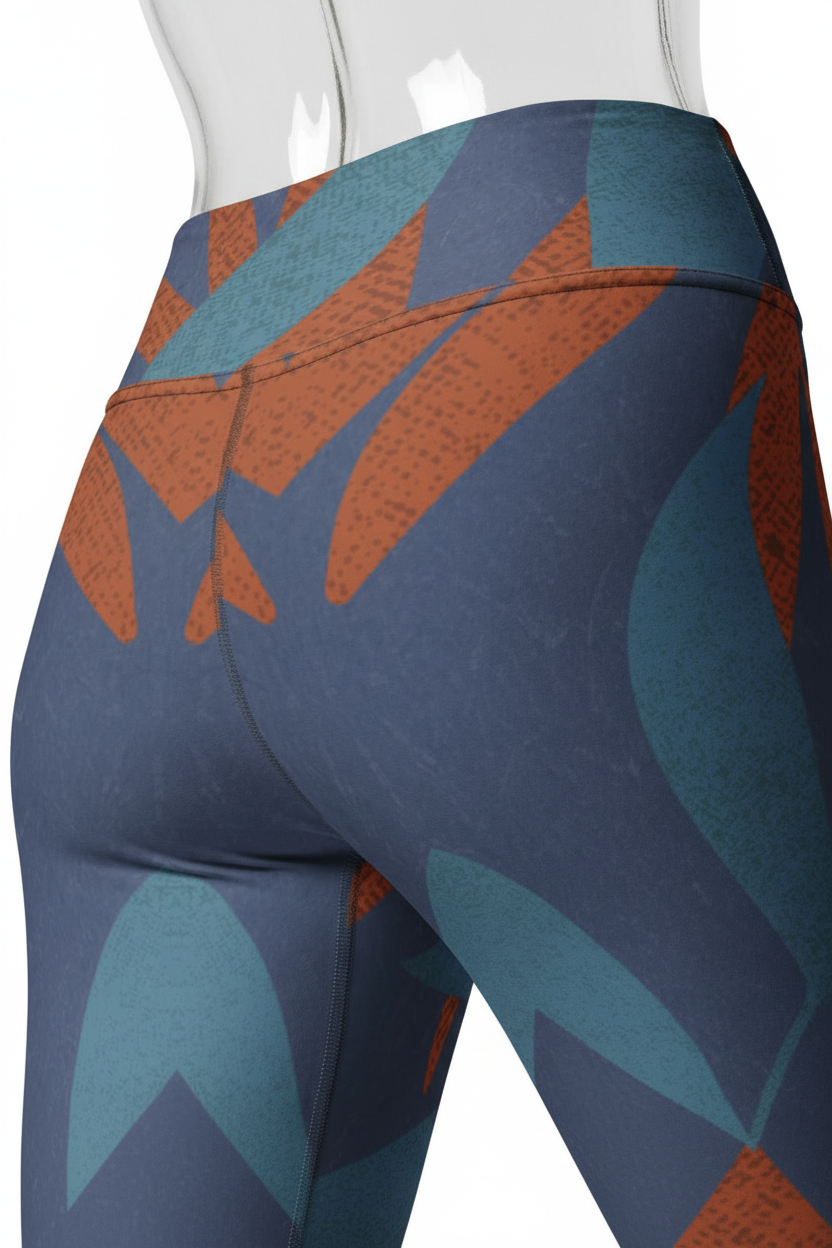 Close-up of a mannequin wearing high-waisted leggings with an abstract geometric pattern in slate blue, teal, and rust orange.