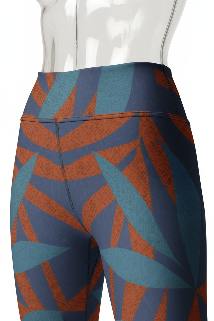 Close-up of a mannequin wearing high-waisted leggings with a geometric leaf pattern in blue, teal, and rust orange, paired with a beige sports bra against a white background.