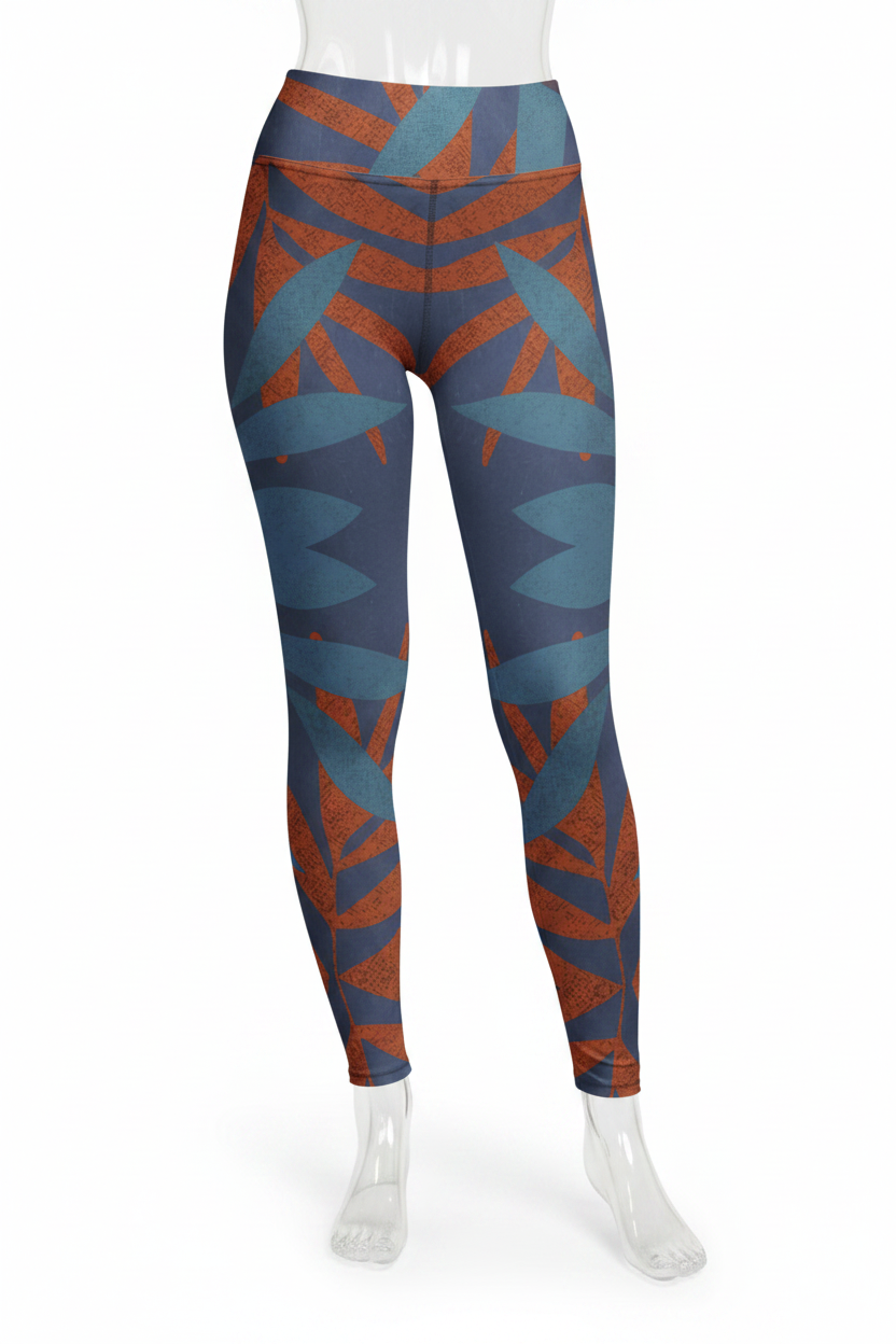 A mannequin wearing high-waisted leggings with a geometric pattern in slate blue, rust orange, and dark navy, shown from the waist down on a white background.