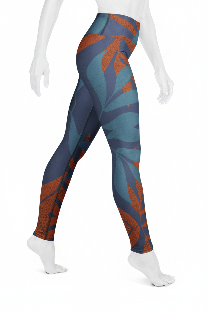 A mannequin wearing high-waisted leggings with an abstract leaf pattern in slate blue, teal, and rust orange, shown from the waist down against a plain white background.