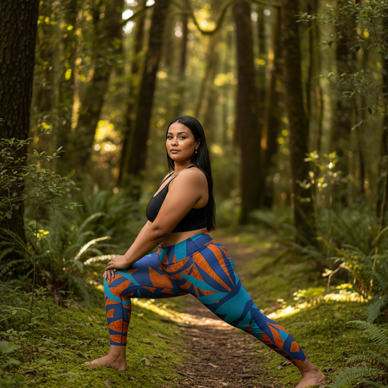 Woman in colorful leggings and black top stretching in a forest