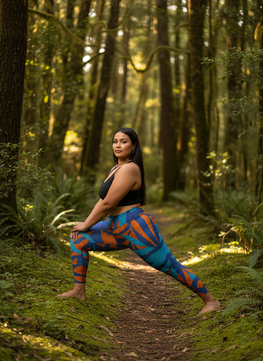 Woman in colorful leggings and black top stretching in a forest