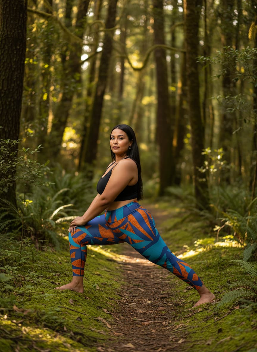 Woman in colorful leggings and black top standing in a forest