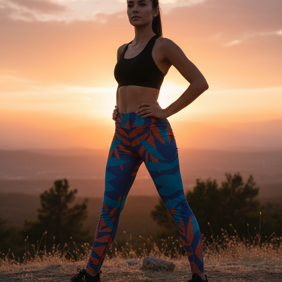 Woman in athletic wear standing on a hill with a sunset background