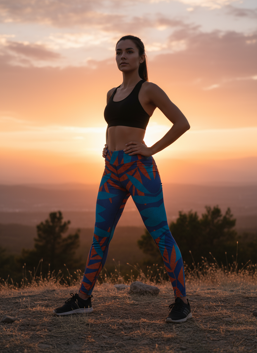 Woman in athletic wear standing on a hill with a sunset background