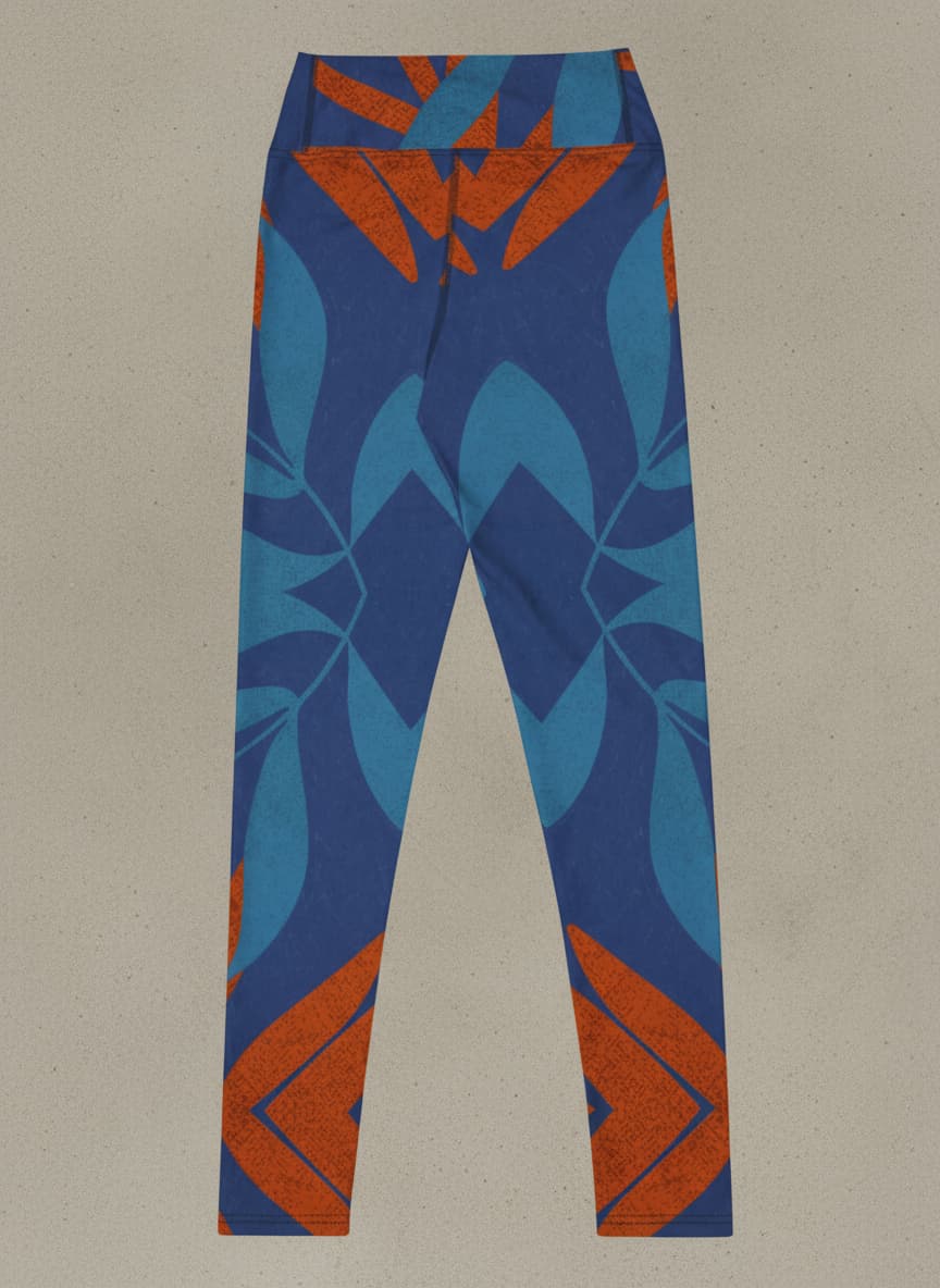 Blue and orange patterned leggings on a beige background