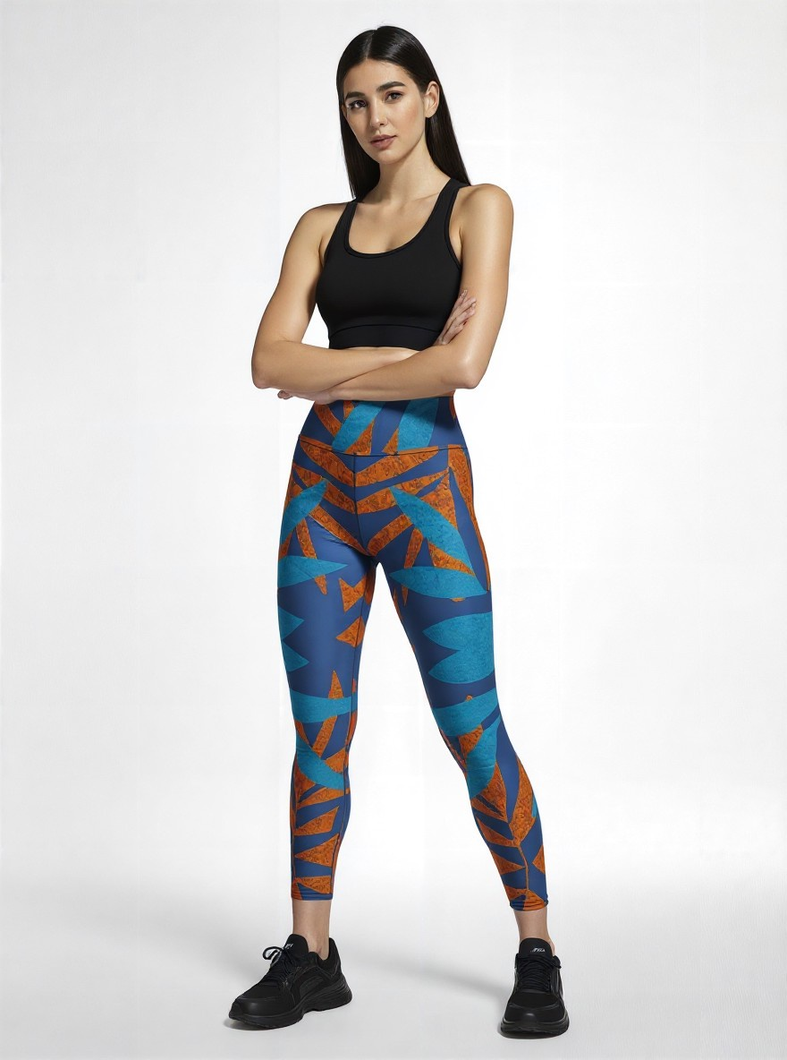 Front view of a model wearing Pixie & Sherbet’s Rustic Rhythm Yoga leggings with a bold blue and orange geometric print, styled with a black sleeveless crop top and black sneakers, posed confidently against a white backdrop