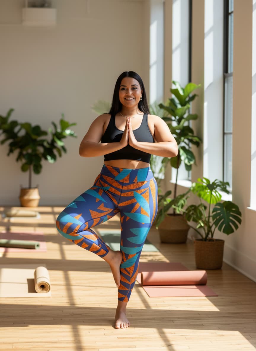 Woman in colorful yoga pants standing on one leg in a well-lit room with plants.