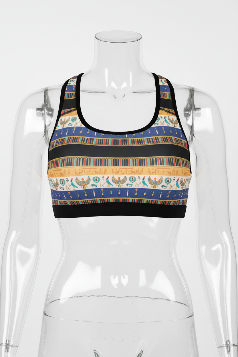 A racerback crop top featuring a horizontal striped Egyptian-inspired pattern with blue, gold, beige, and black bands, displayed on a solid white background. 