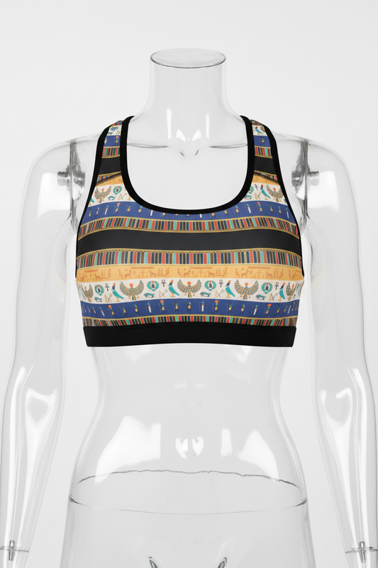 A racerback crop top featuring a horizontal striped Egyptian-inspired pattern with blue, gold, beige, and black bands, displayed on a solid white background. 