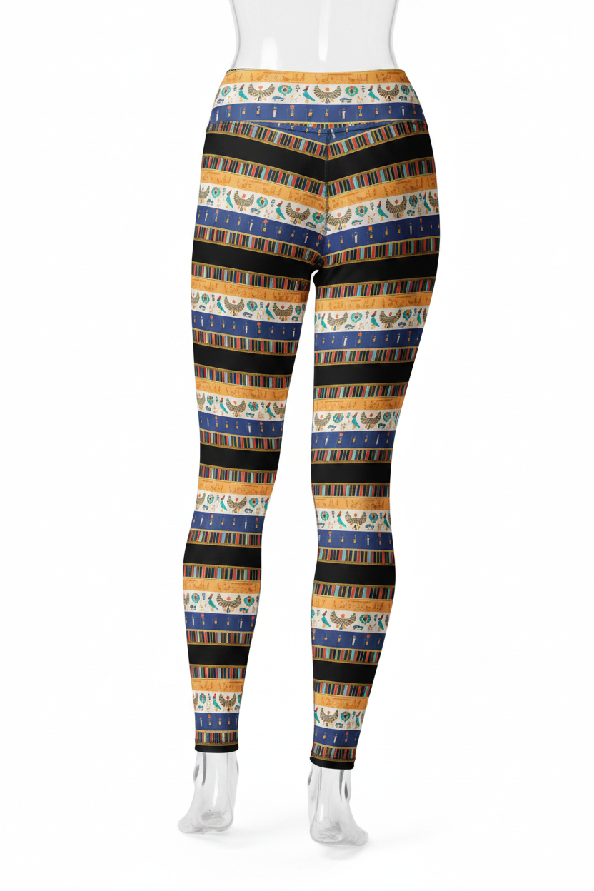 A mannequin modeling high-waisted leggings with a repeating horizontal striped pattern in black, blue, mustard yellow, and cream, shown from the waist down against a plain white background.