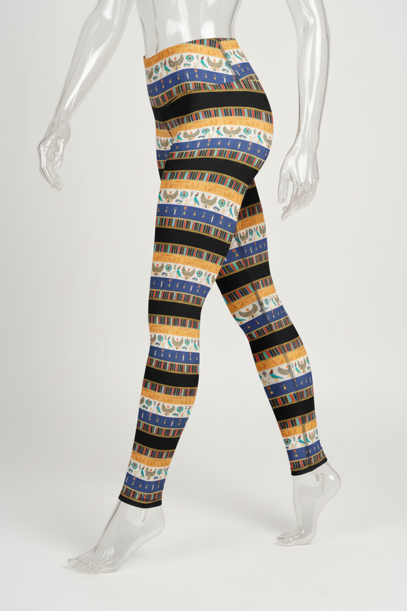 A mannequin modeling high-waisted leggings with a repeating horizontal striped pattern in navy blue, mustard yellow, black, and cream, shown against a plain white background.