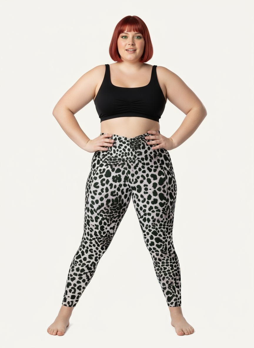 Person wearing black tank top and leopard print leggings on a white background