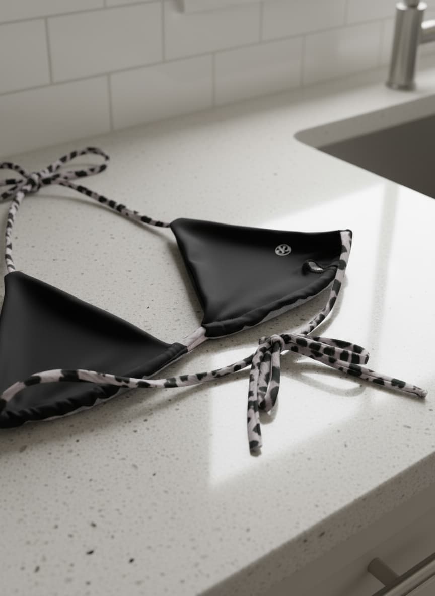 Black bikini with leopard print straps on a white countertop