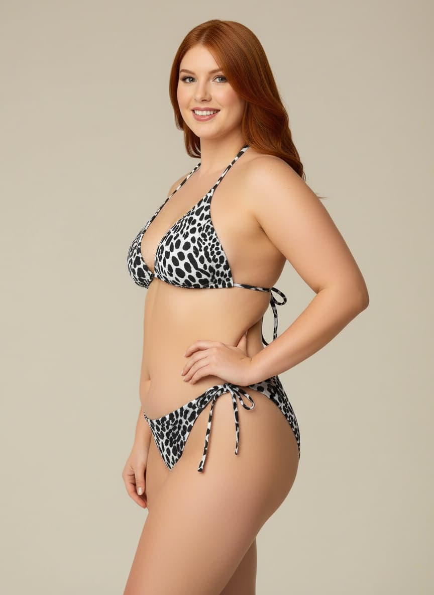 Woman wearing a leopard print bikini against a beige background