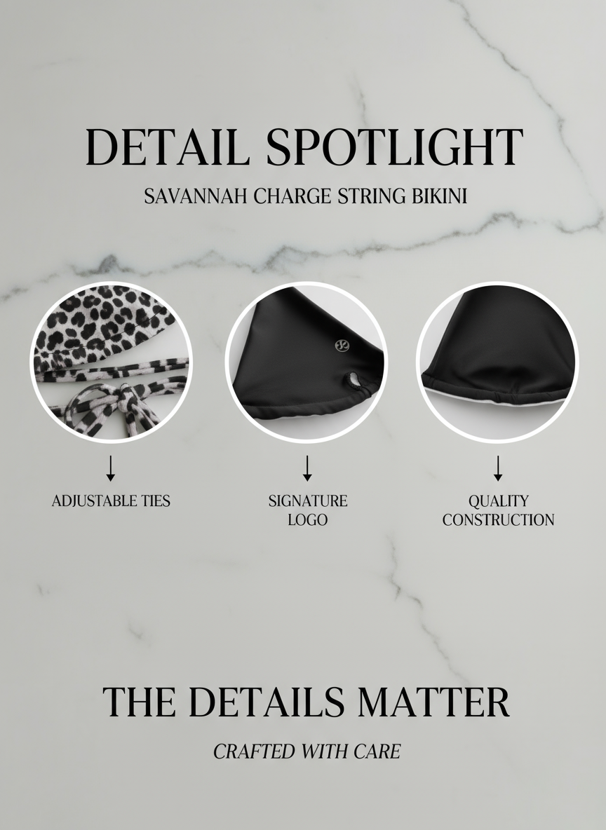 Product detail spotlight for Savannah Charge String Bikini on a marble background