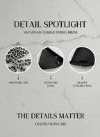 Promotional graphic for Savannah Charge String Bikini detailing features on a marble background.