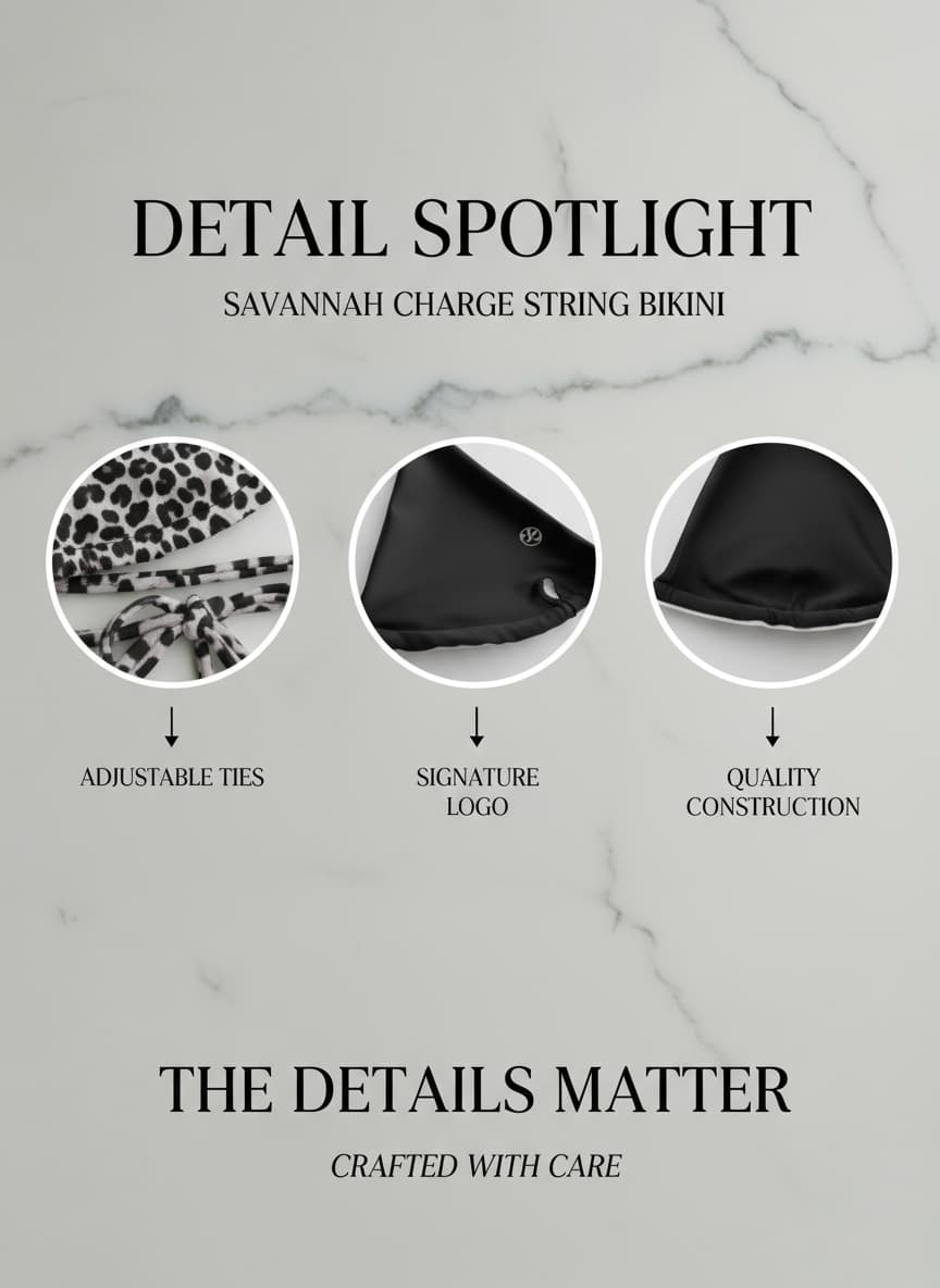 Promotional graphic for Savannah Charge String Bikini detailing features on a marble background.