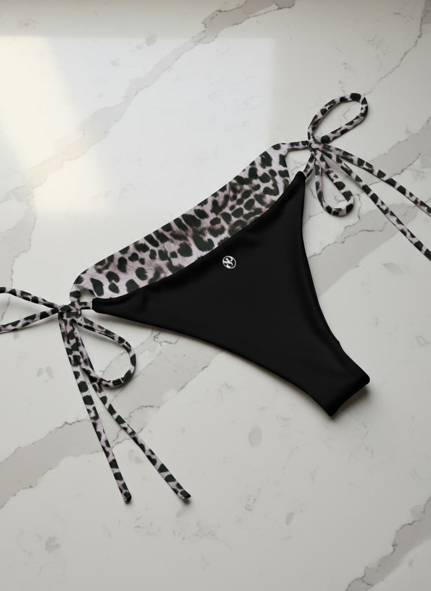 Black bikini bottom with leopard print straps on a marble surface