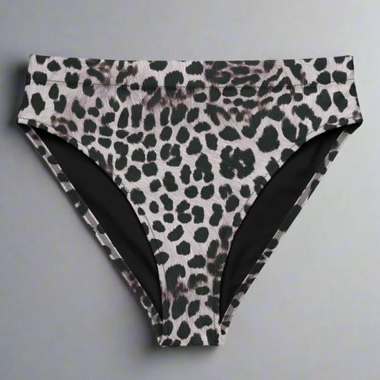 Leopard print bikini bottom on a light gray background