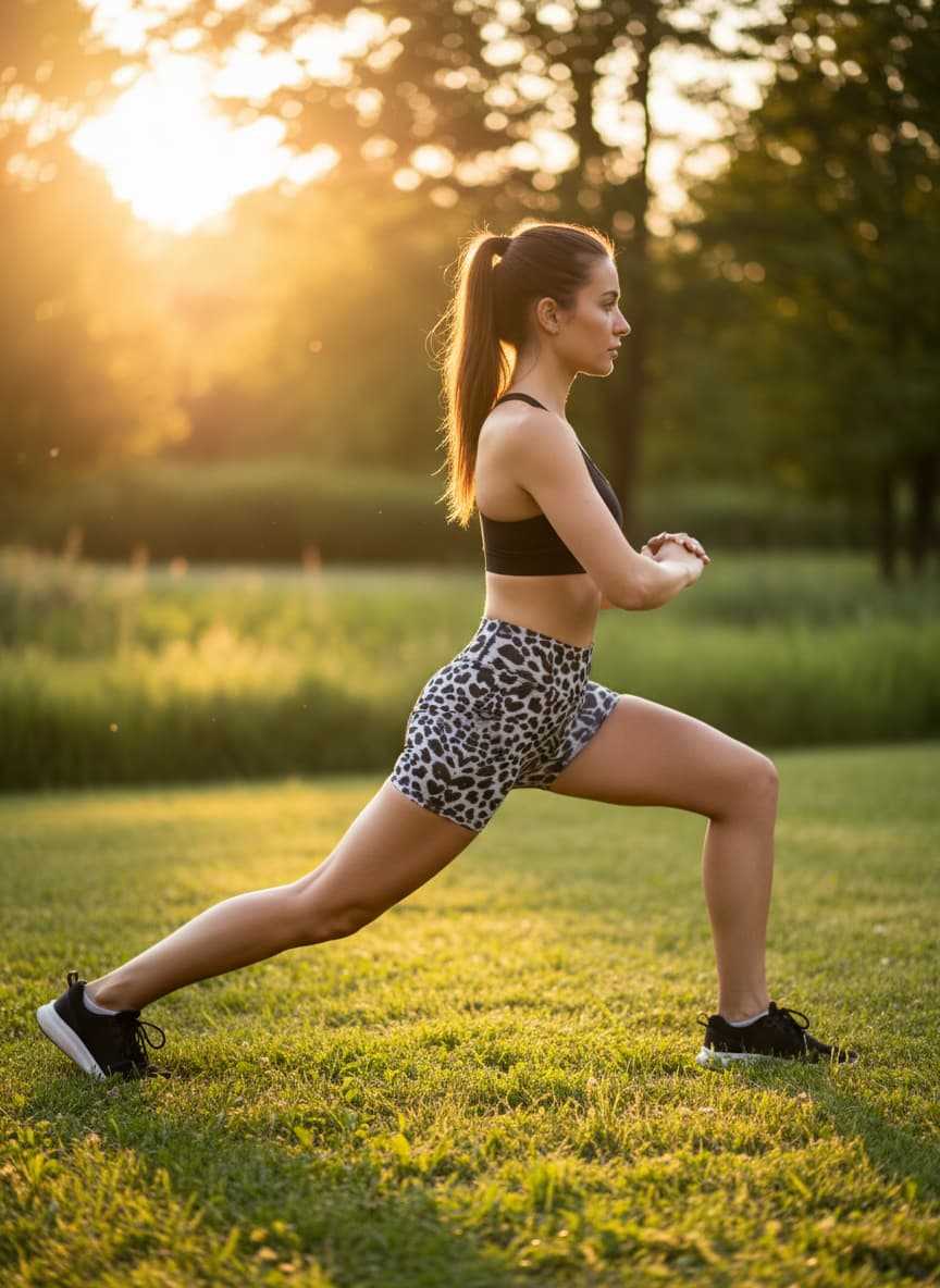 Woman performing a lunge in a park at sunset