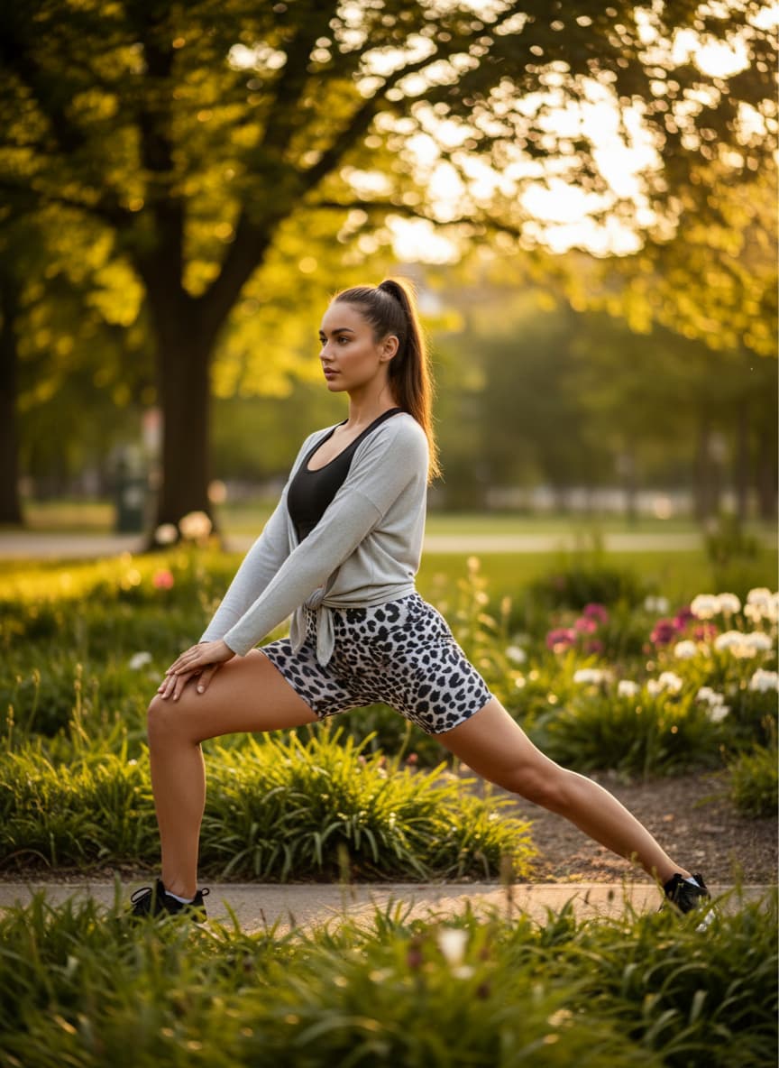 Woman stretching outdoors in a park with trees and flowers in the background