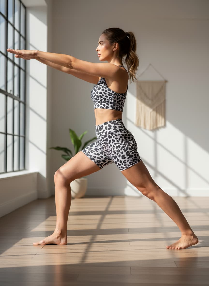 Woman in animal print athletic wear performing a yoga pose in a bright room.