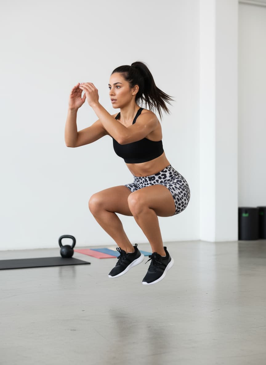 Woman performing a jump squat in a gym setting with exercise equipment in the background.