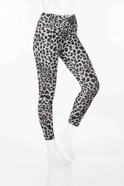 A mannequin wearing high-waisted leggings with a black and gray leopard print pattern, paired with white sneakers, shown from the waist down on a white background.