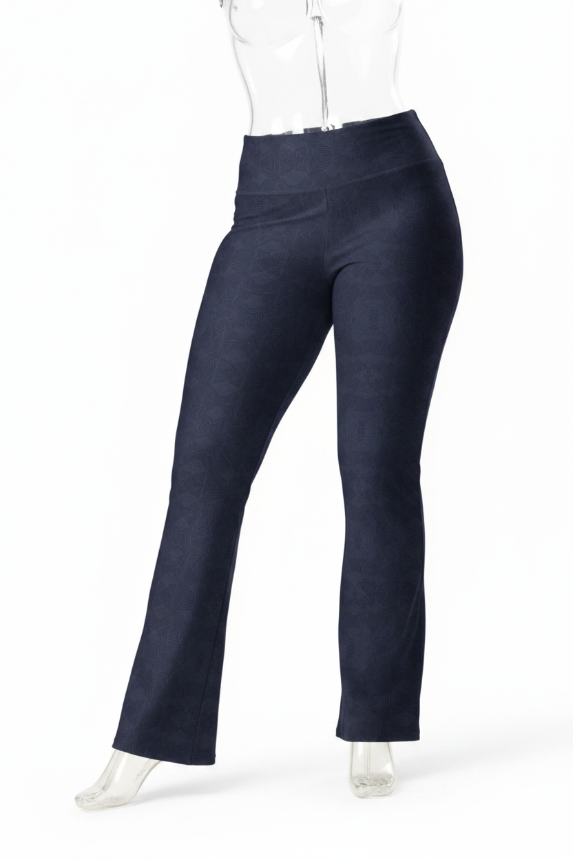 A mannequin wearing a pair of dark navy blue flared pants, paired with a white long-sleeve top and white sneakers, shown from the waist down on a white studio background.