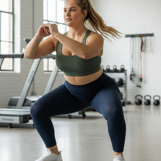 Woman exercising in a gym wearing a green sports bra and navy leggings.