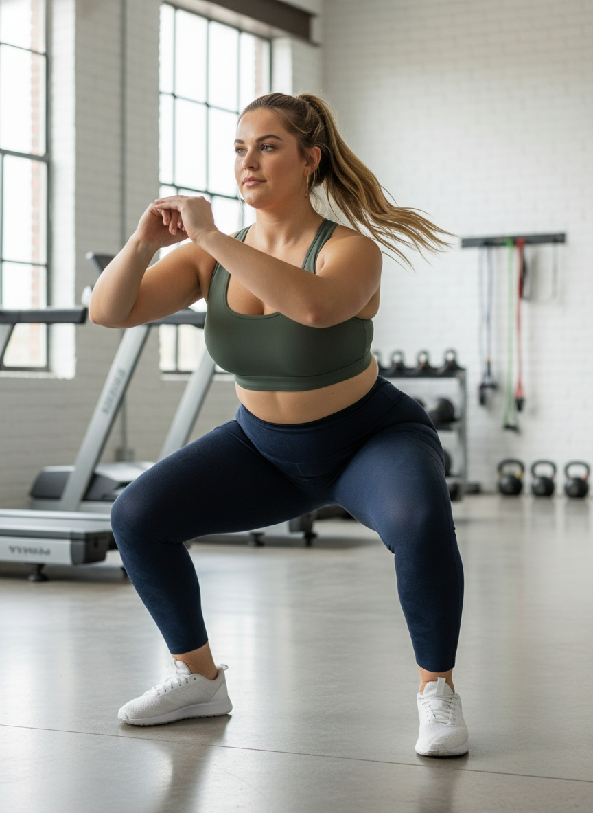 Woman exercising in a gym wearing a green sports bra and navy leggings.