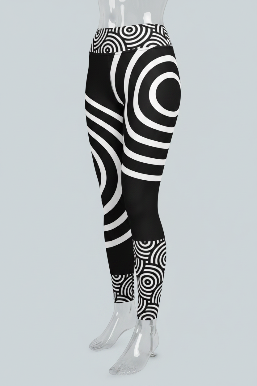 Black and white high-waisted leggings with a bold concentric spiral and circular optical illusion pattern, shown on a model against a solid light gray background.
