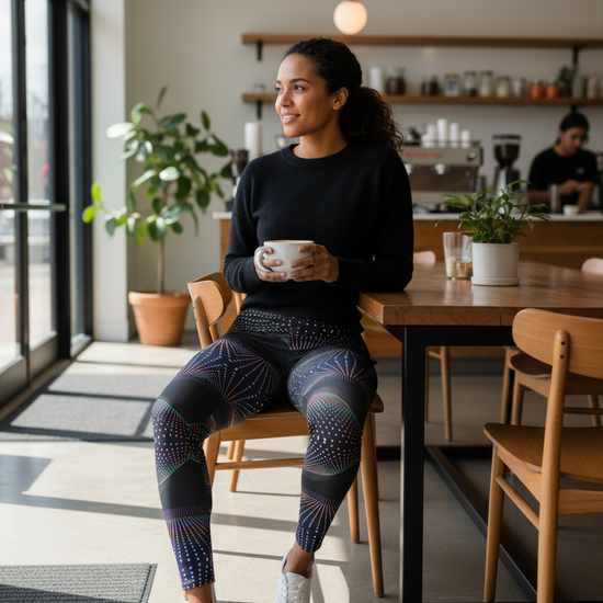 Woman sitting at a table in a modern cafe holding a cup.
