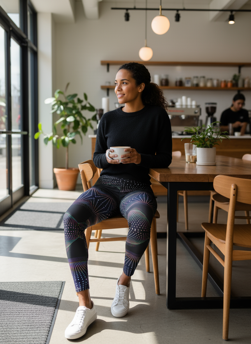 Woman sitting at a table in a modern cafe holding a cup.