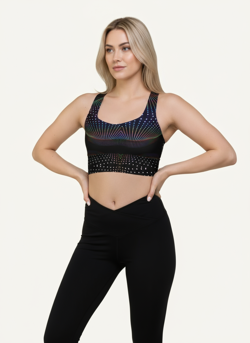 Woman wearing a black sports bra with colorful patterns on a white background