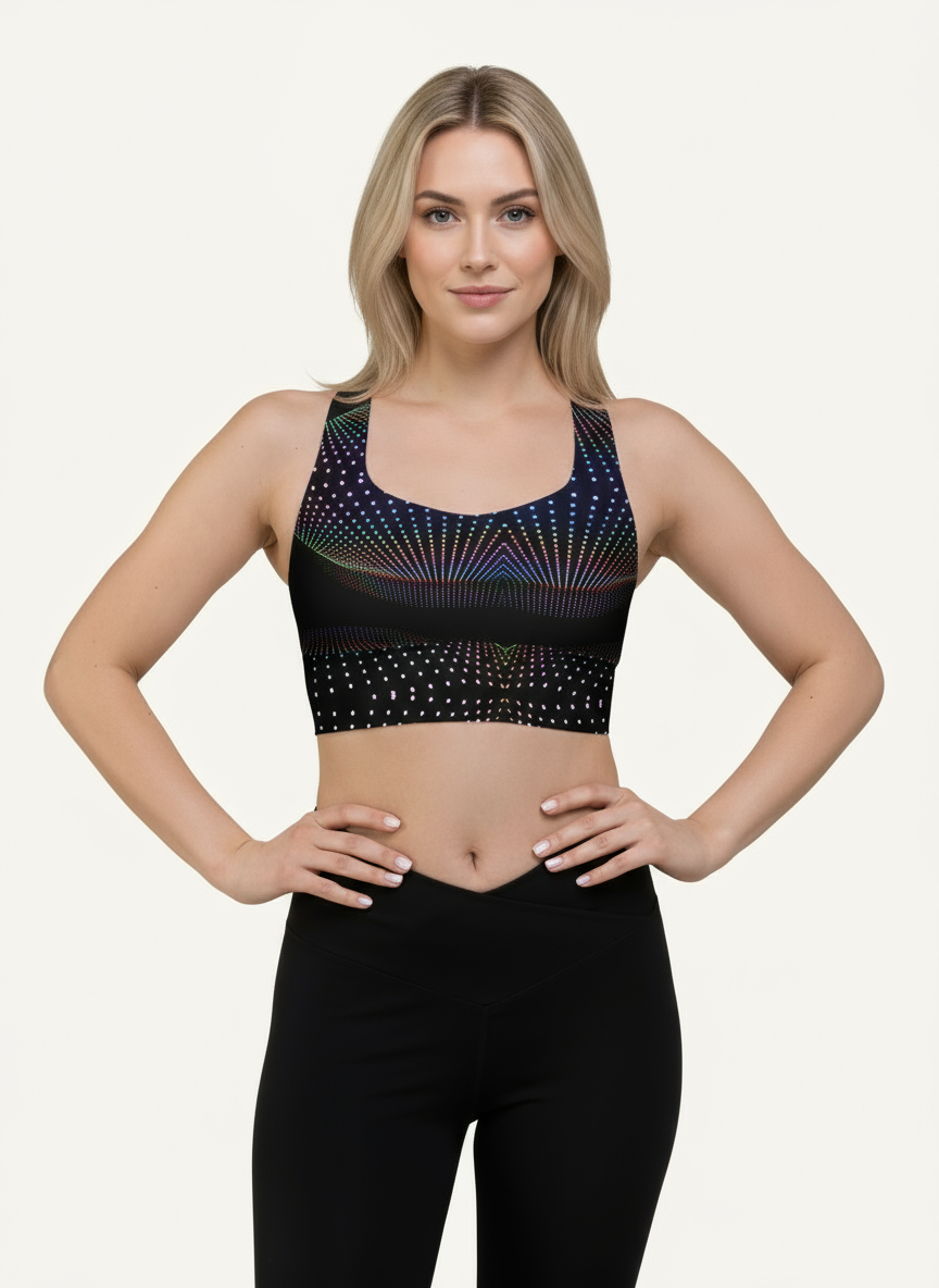 Woman wearing a black sports bra with colorful patterns on a white background