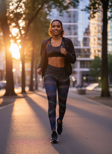 Woman in athletic wear walking on a city street with trees and buildings in the background