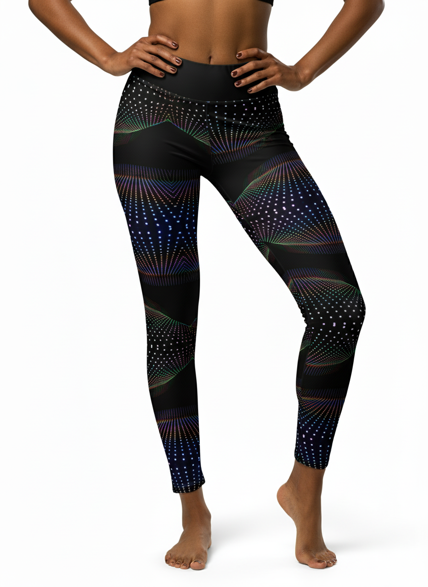 Black leggings with colorful geometric pattern worn by a person on a white background
