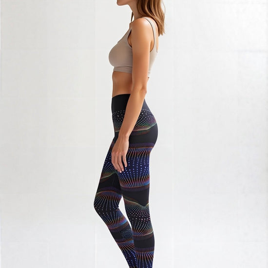 Side view of a woman wearing Starlit Tempo Yoga Leggings with a black base and multi-coloured dotted starburst pattern, paired with a beige sports bra, standing barefoot against a plain background.