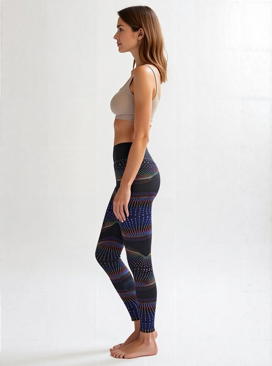 Side view of a woman wearing Starlit Tempo Yoga Leggings with a black base and multi-coloured dotted starburst pattern, paired with a beige sports bra, standing barefoot against a plain background.