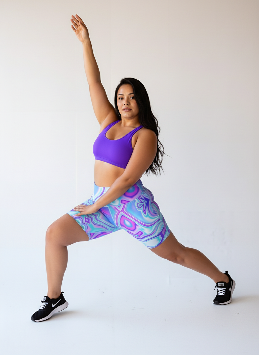 Woman in purple sports bra and patterned shorts posing against a white background