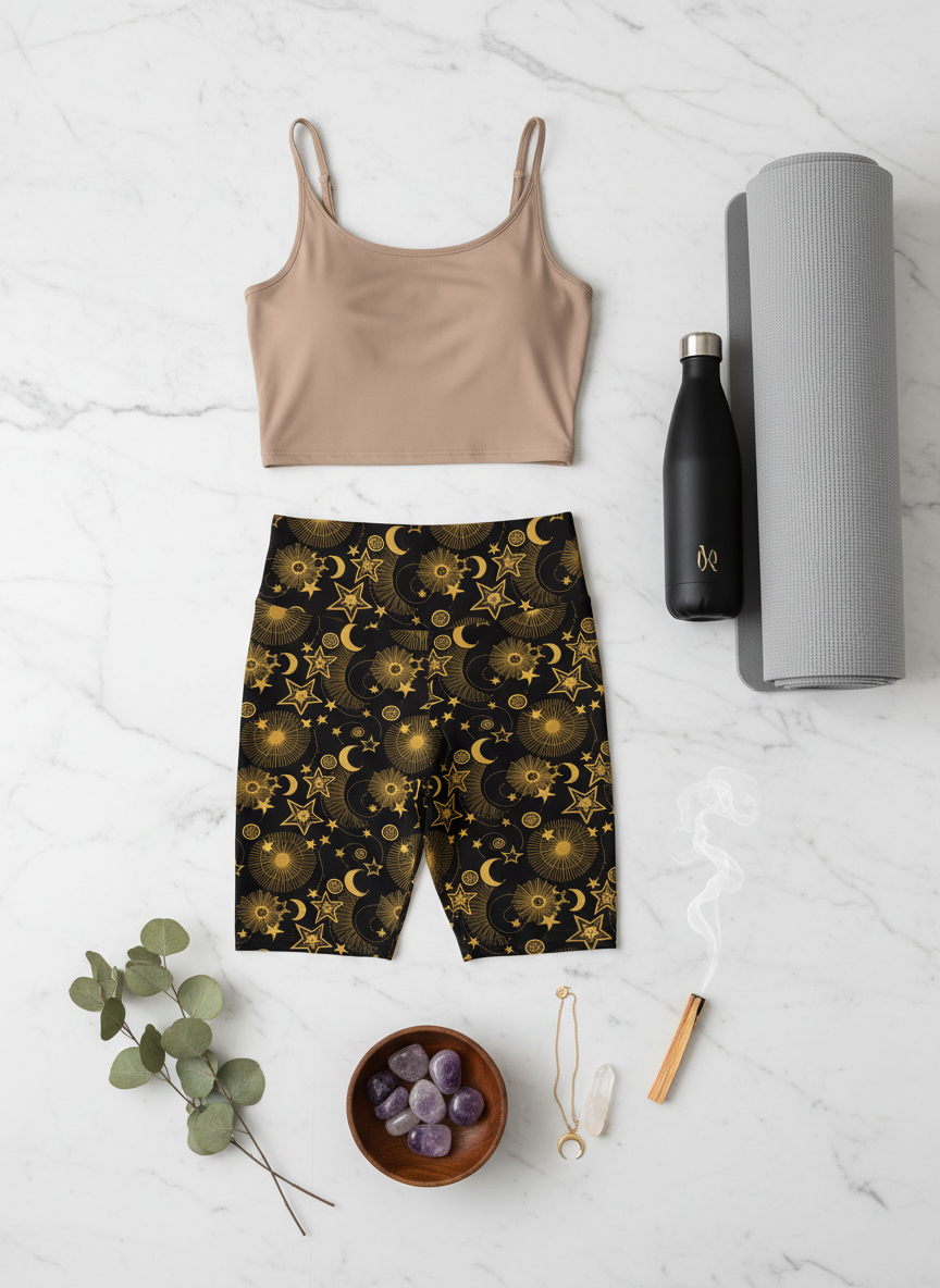 Beige tank top, black shorts with celestial pattern, black water bottle, gray yoga mat on a white marble surface.